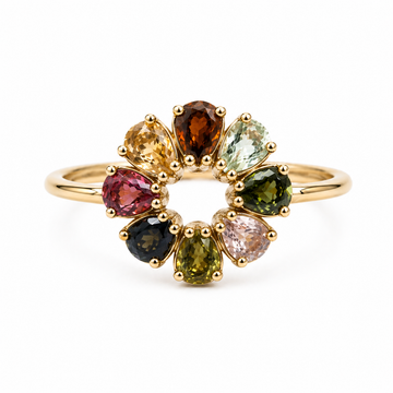 Gold ring with multicolored gemstones on a white background