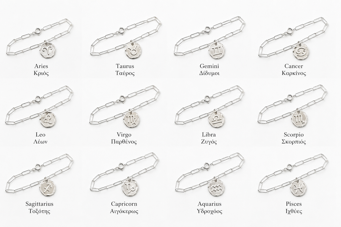Set of silver bracelets with zodiac charm labels on a white background
