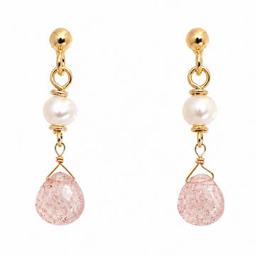 A pair of gold drop earrings featuring a white pearl, a teardrop-shaped pink crackle quartz stone, and a small gold ball stud at the top, shown against a plain white background.