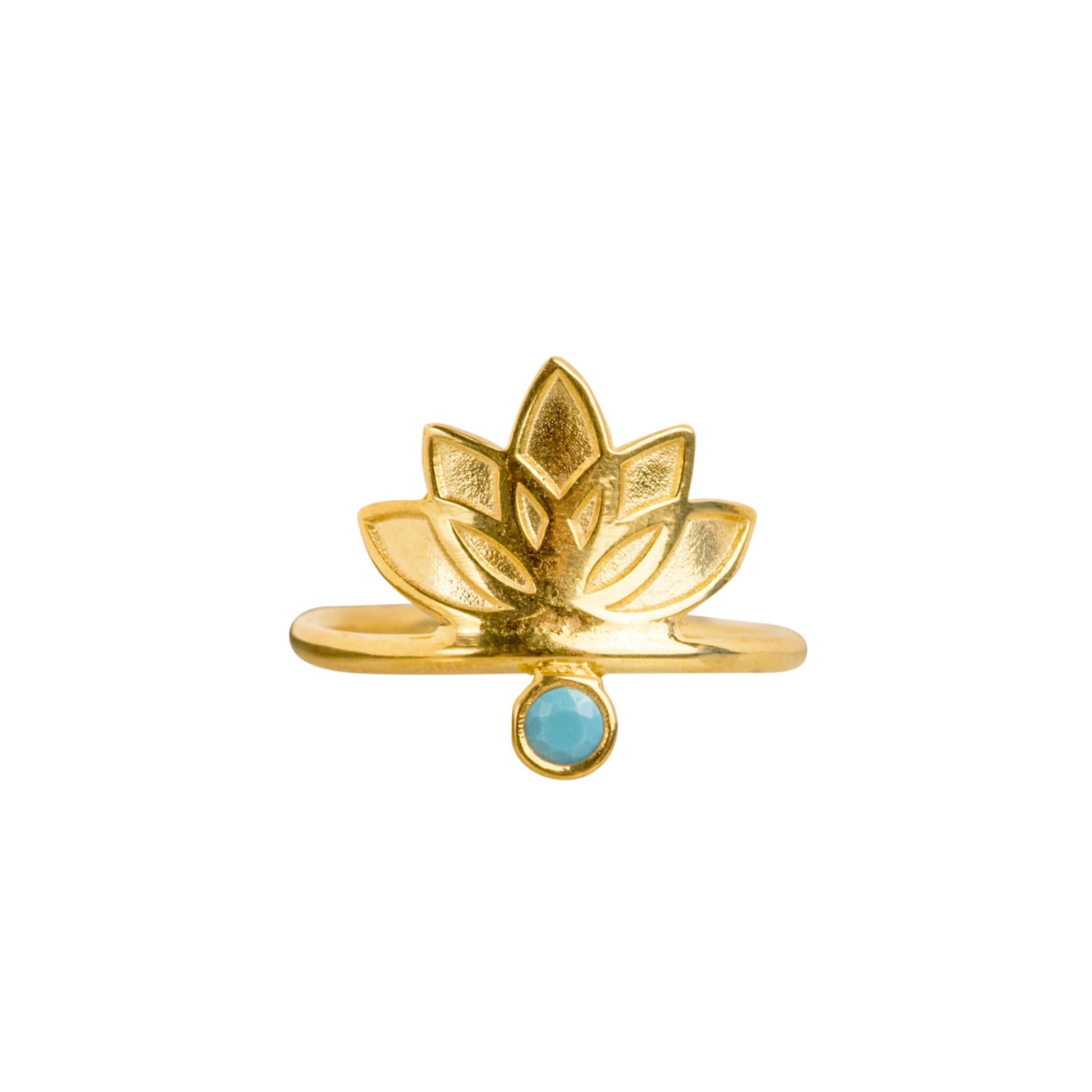 A gold-colored lotus flower ring with a turquoise stone at its center, displayed against a white background.