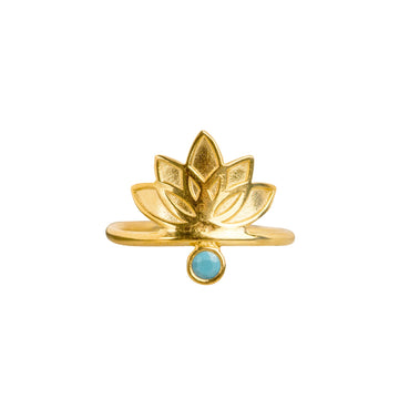 A gold-colored lotus flower ring with a turquoise stone at its center, displayed against a white background.