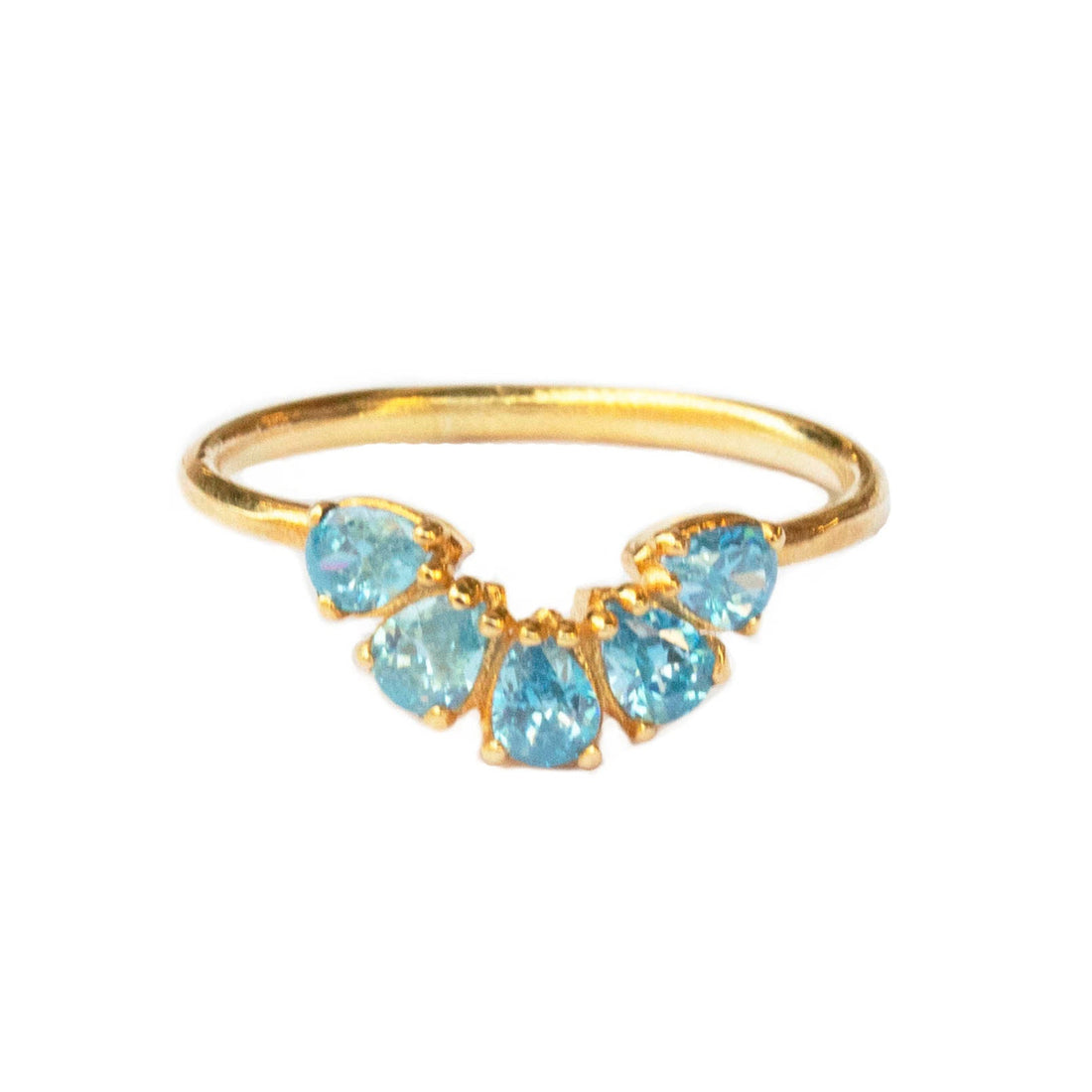 Gold ring with blue gemstones on a white background