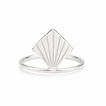 Silver ring with a geometric fan-shaped design on a white background