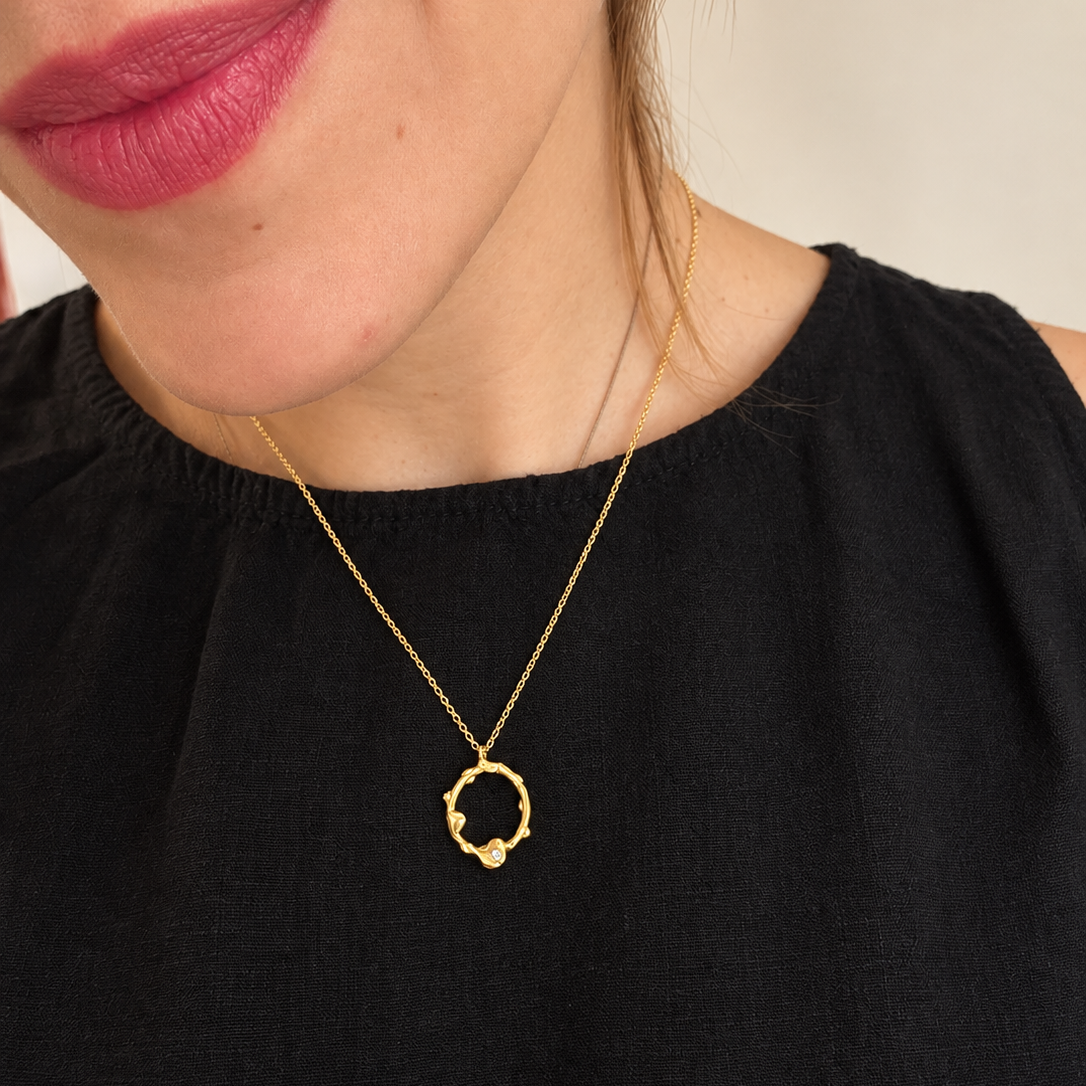 A close-up of a woman wearing a delicate gold necklace with a small openwork circular pendant, paired with a black top.