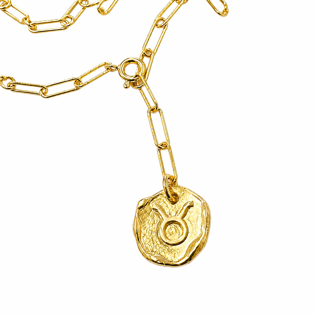 Gold chain necklace with a round pendant on a white background