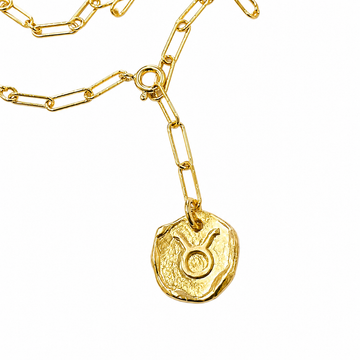 Gold chain necklace with a round pendant on a white background