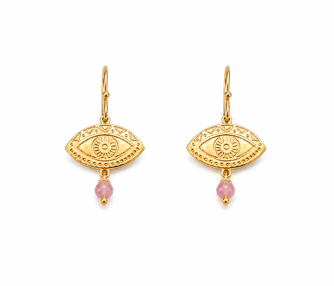 evil eye earrings with pink bead