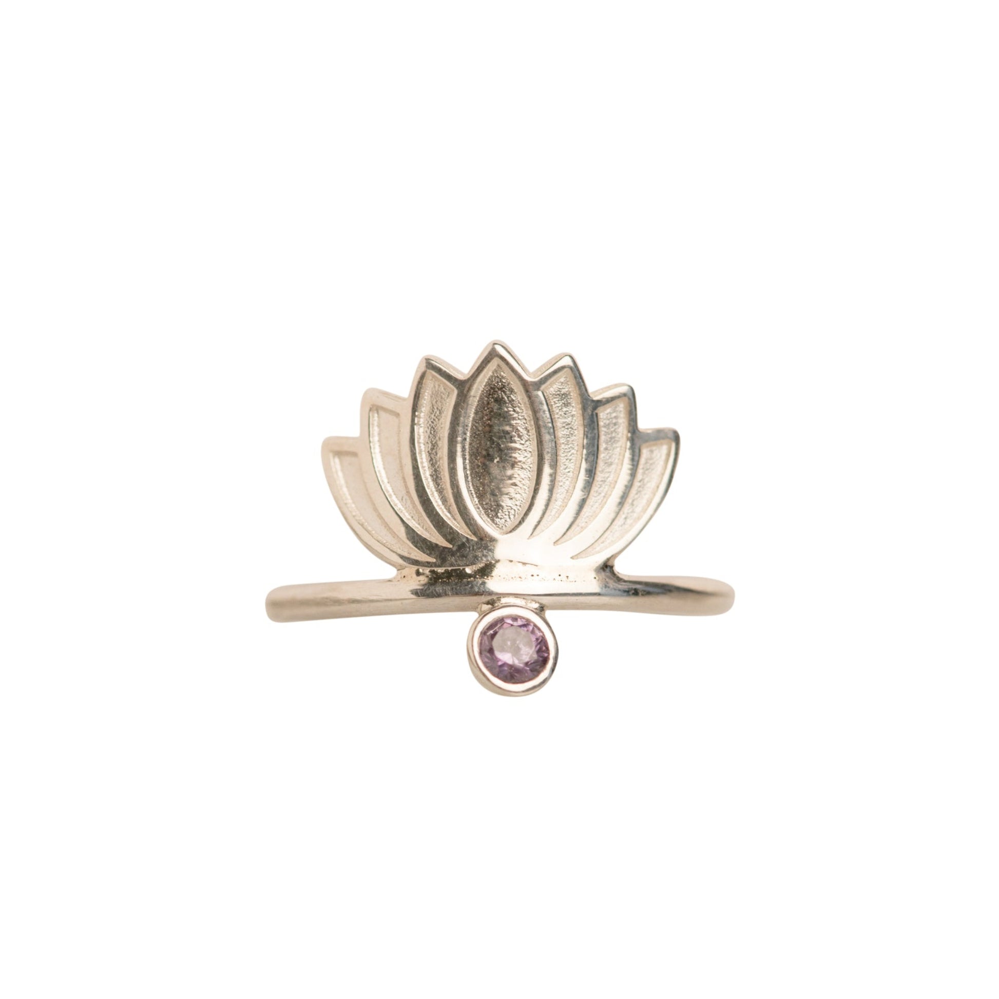 A sterling silver ring featuring a lotus flower design with a central amethyst stone.