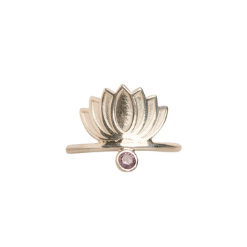 A sterling silver ring featuring a lotus flower design with a central amethyst stone.
