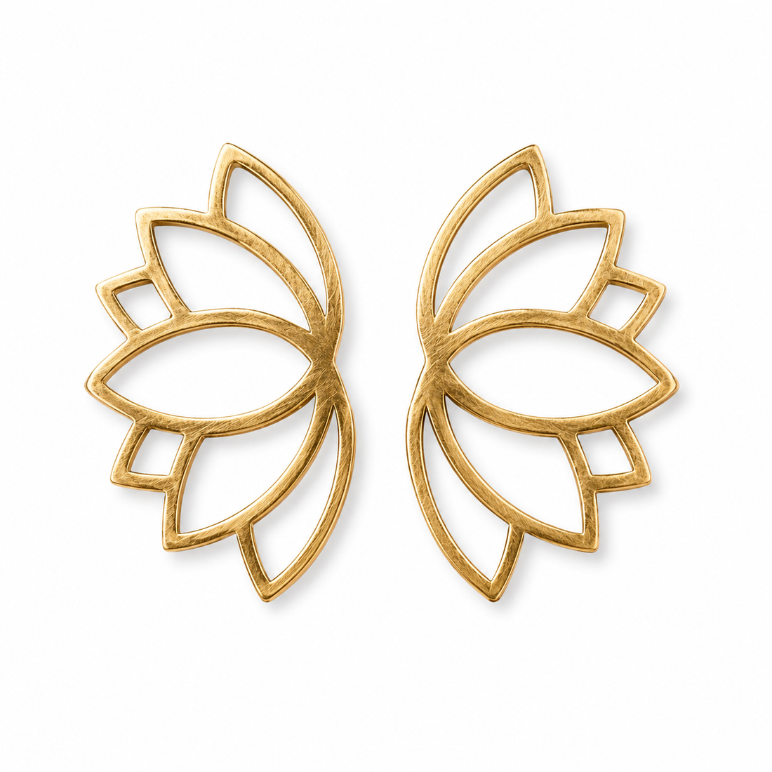 Gold lotus flower earrings on a white background