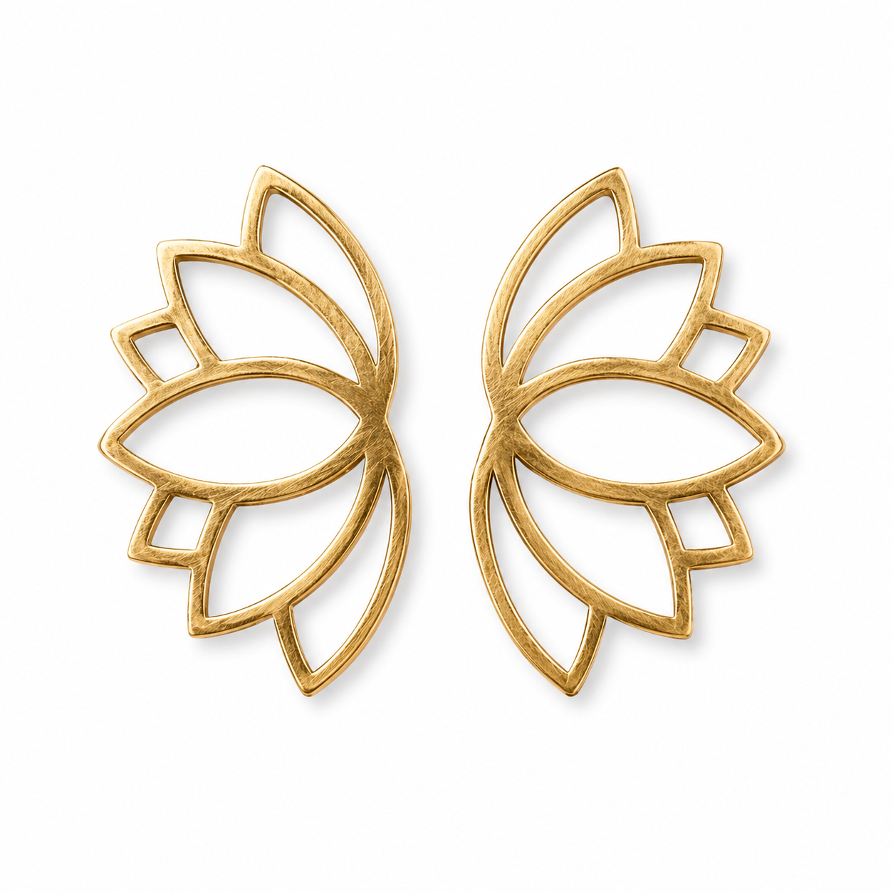 Gold lotus flower earrings on a white background