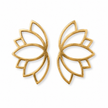Gold lotus flower earrings on a white background