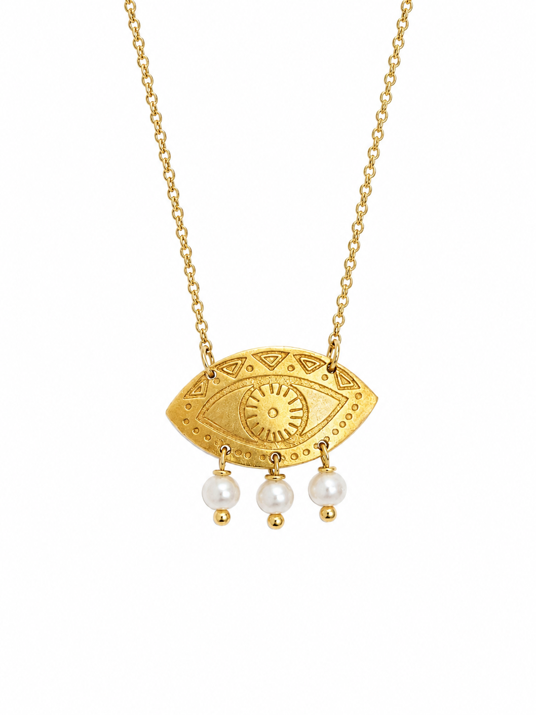Gold necklace with an eye-shaped pendant and pearl drops on a white background