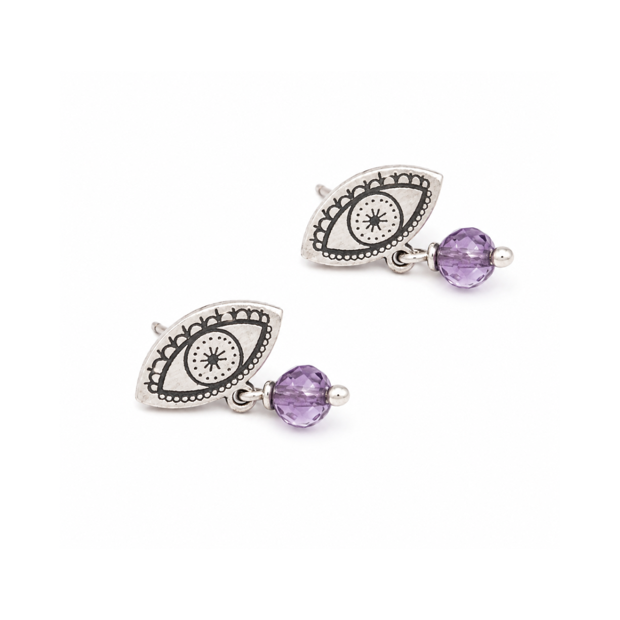 Fylaxto Lace Evil Eye Silver Stud Earrings with Amethyst Beads