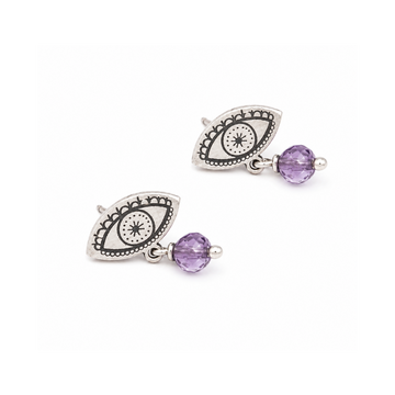 Fylaxto Lace Evil Eye Silver Stud Earrings with Amethyst Beads