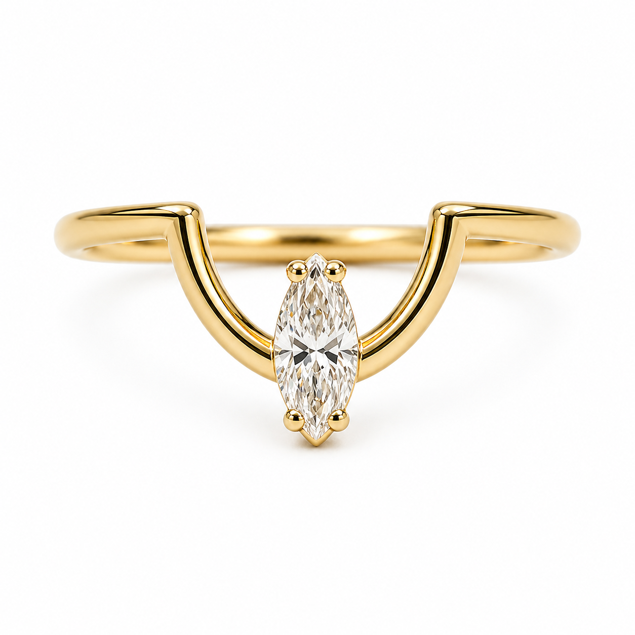Gold ring with a marquise-shaped diamond on a white background