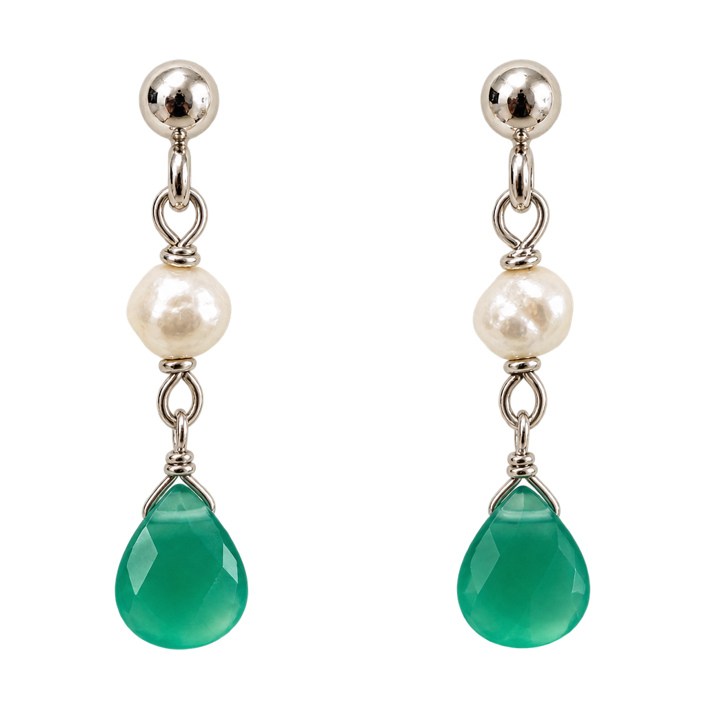 A pair of silver drop earrings featuring a white pearl, a faceted green teardrop gemstone, and a polished silver ball stud at the top, shown against a plain white background.