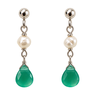 A pair of silver drop earrings featuring a white pearl, a faceted green teardrop gemstone, and a polished silver ball stud at the top, shown against a plain white background.