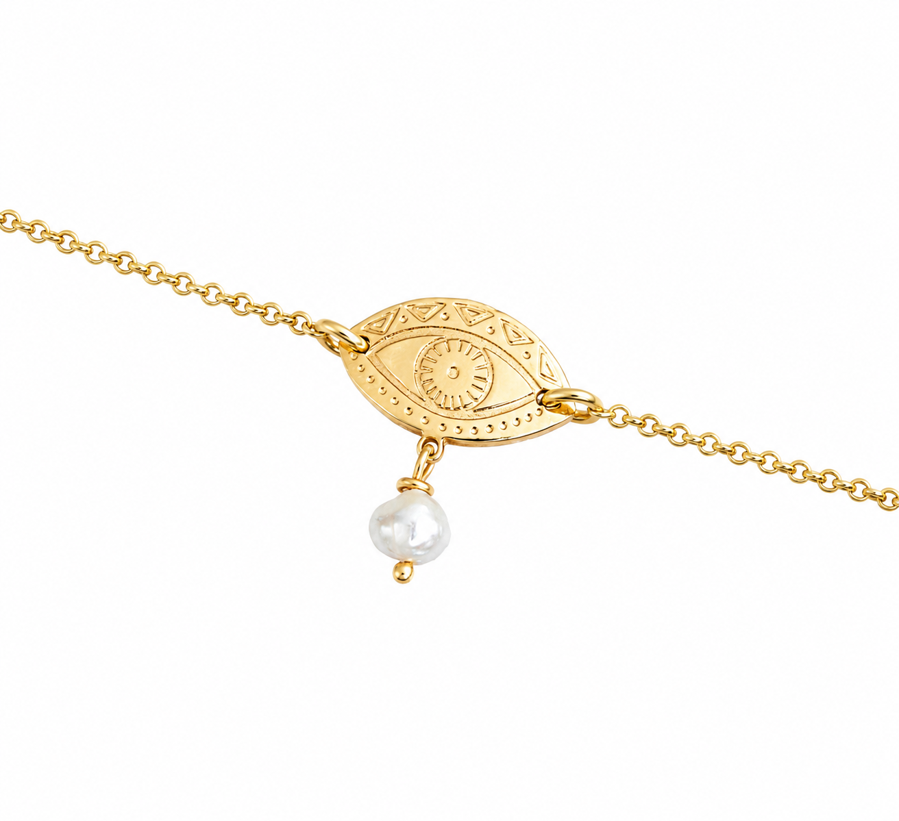 Gold-plated bracelet with an eye-shaped pendant and a pearl on a white background