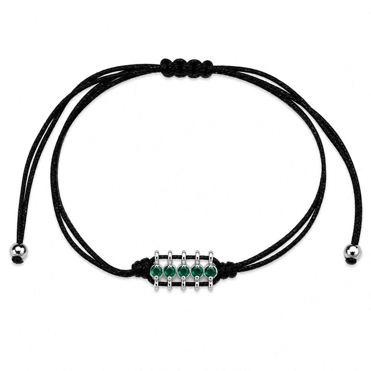 Black cord bracelet with green beads on a white background