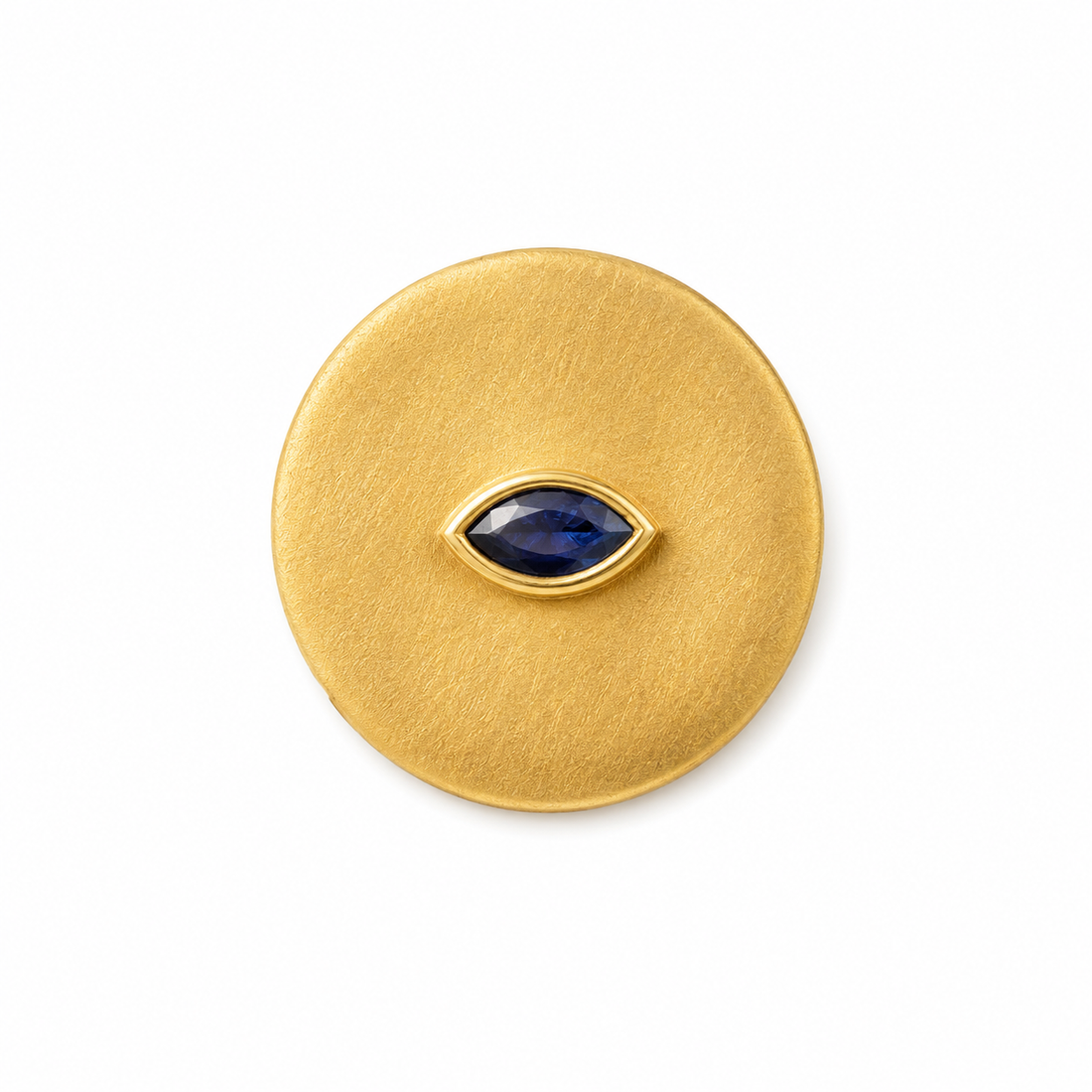 Silver circular ring with a blue gemstone on a white background