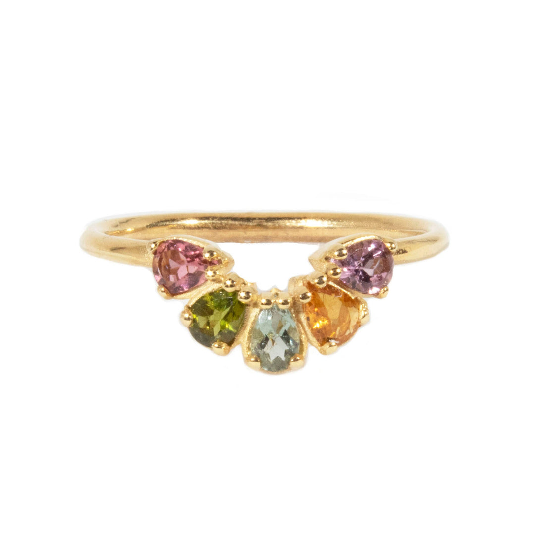 Gold ring with multicolored gemstones on a white background