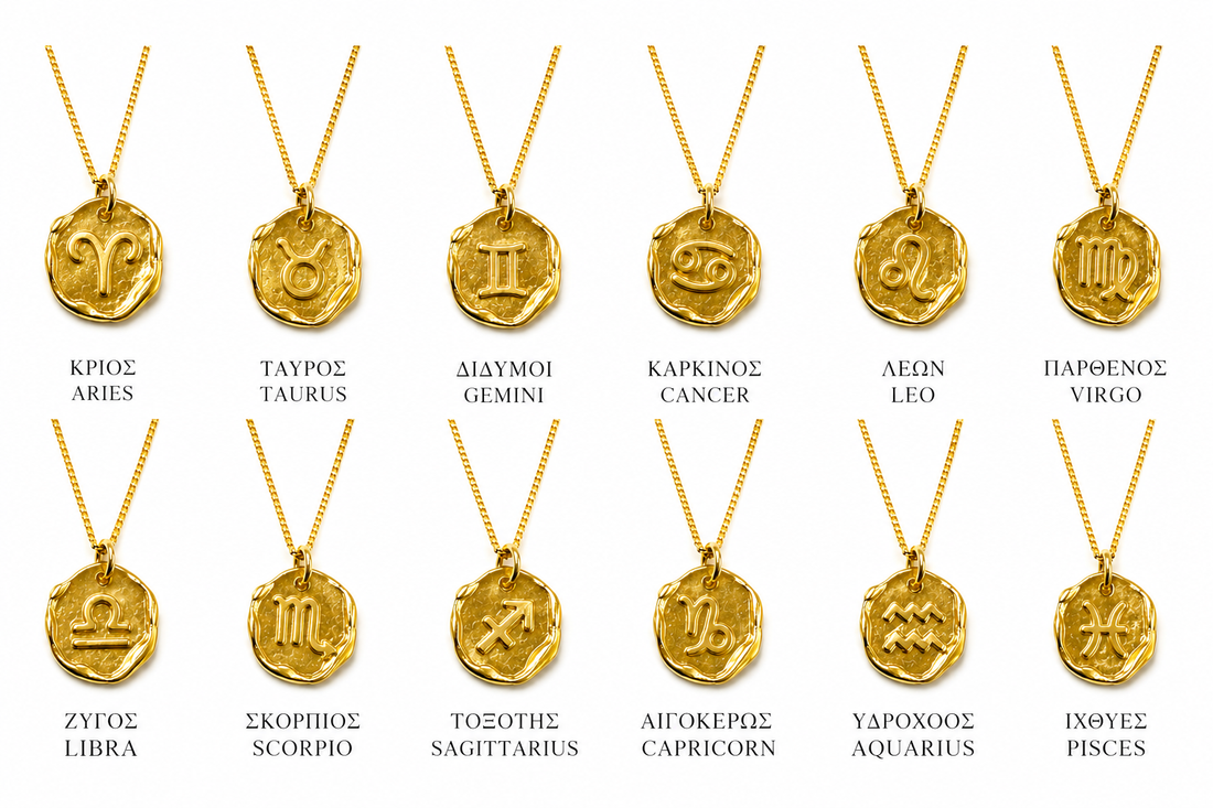 Gold necklaces with zodiac symbols and names on a white background