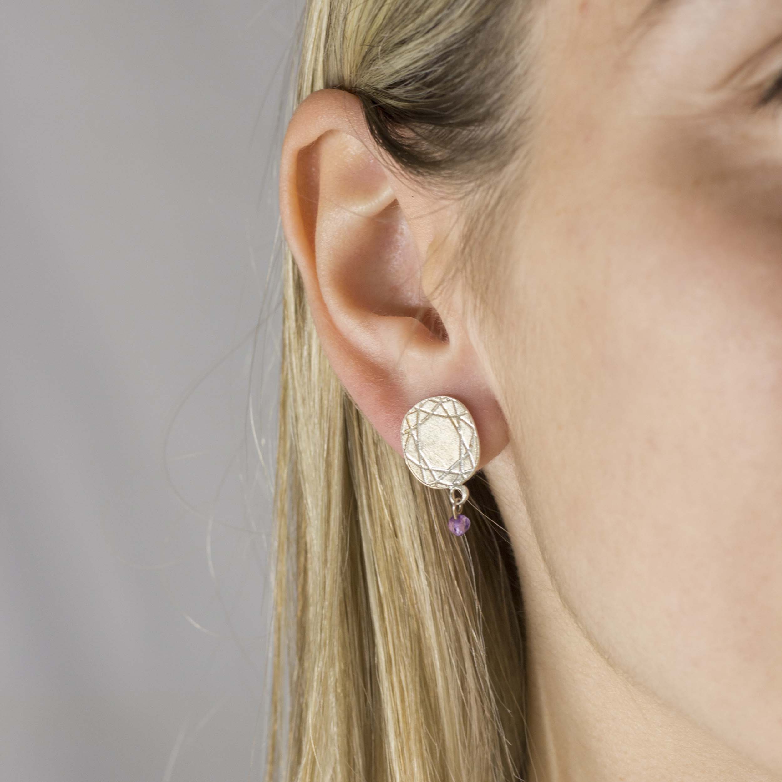 Super Cuts The Oval Oxidized Silver Stud Earrings with Amethyst Bead