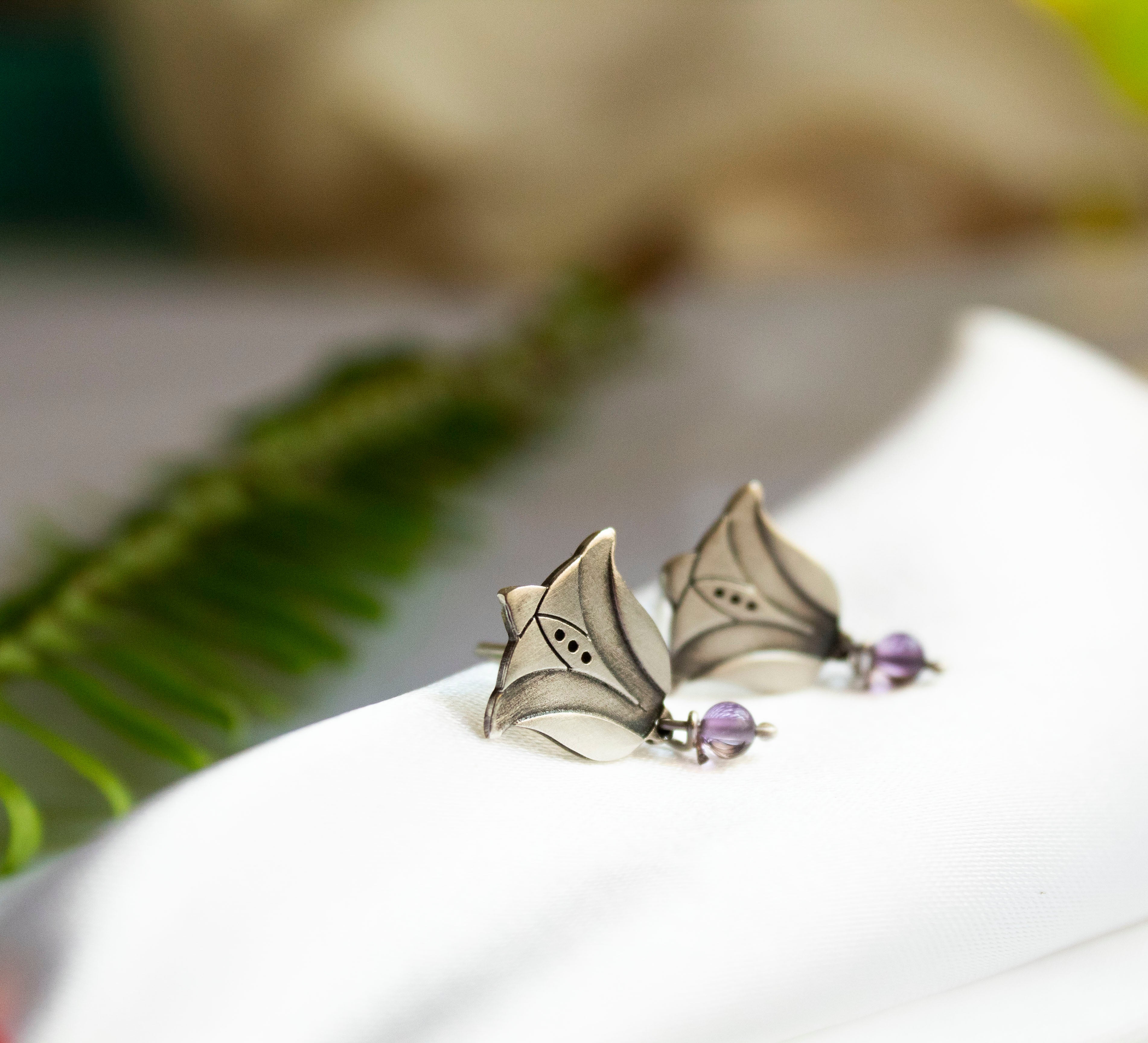 Flowers Small Tulip With Amethyst Stud Earrings