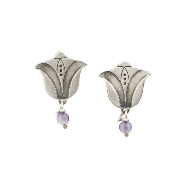 Flowers Small Tulip With Amethyst Stud Earrings