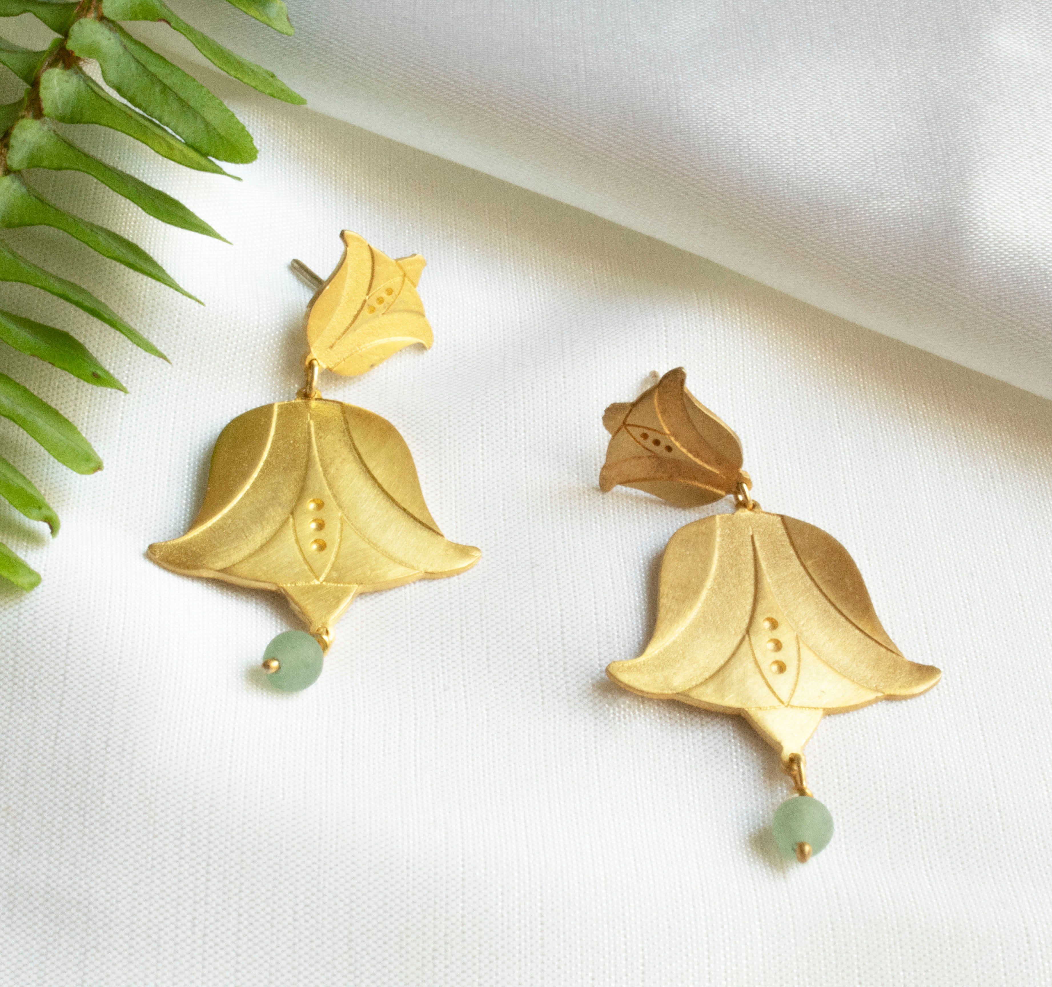 Flowers Big Tulips With Aquamarine Bead Earrings